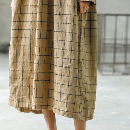 New Plaid Fall Dress O Neck Baggy Caftans Large Hem Linen Dresses