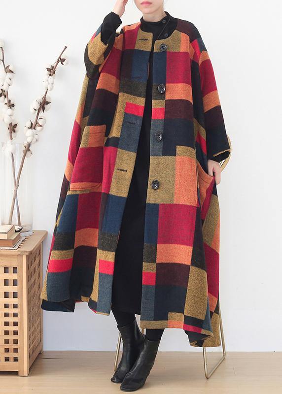 New Clothing Trench Coat Outwear Yellow Plaid O Neck Extra Large Hem Wool Coat