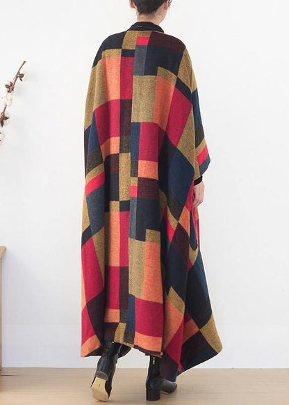 New Clothing Trench Coat Outwear Yellow Plaid O Neck Extra Large Hem Wool Coat