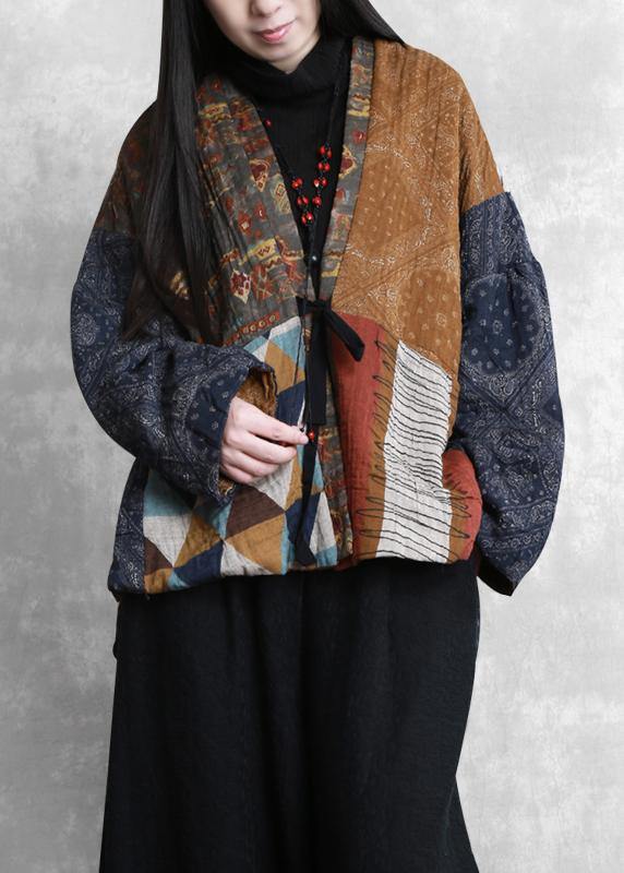 New Clothing Winter Outwear Yellow Print V Neck Patchwork Parkas for