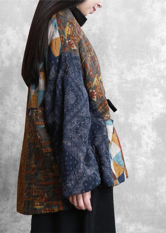 New Clothing Winter Outwear Yellow Print V Neck Patchwork Parkas for