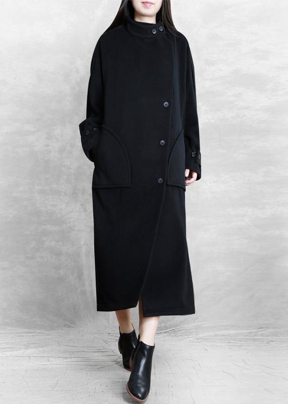 New Long Winter Coat Black Pockets Button Down Woolen Coats