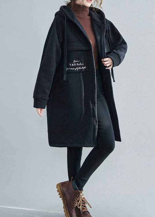 New Snow Coats Black Embroidery Hooded Pockets Outfit