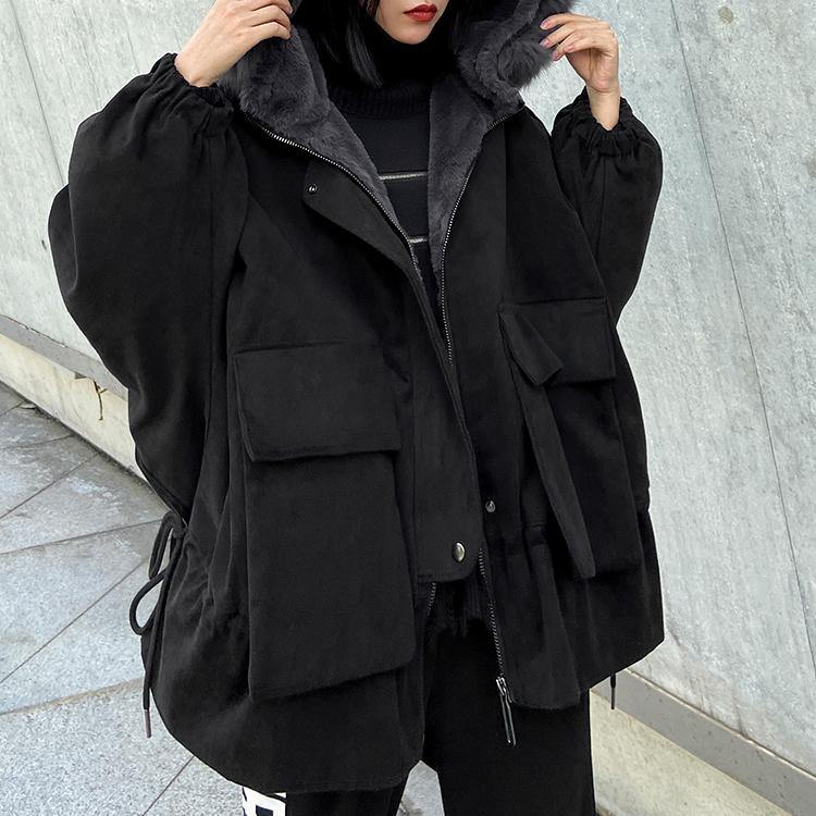 New Warm Winter Coat Black Hooded Faux Fur Collar Outfit