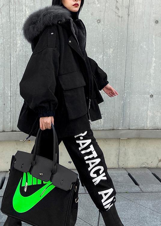 New Warm Winter Coat Black Hooded Faux Fur Collar Outfit