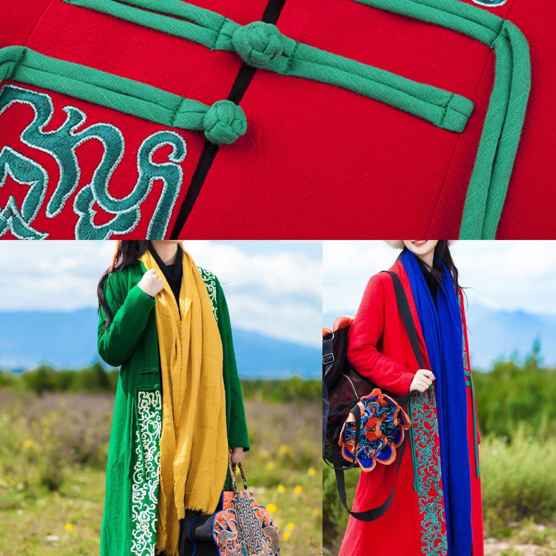 New Warm Winter Coat Embroidery Outwear Green Winter Overcoat
