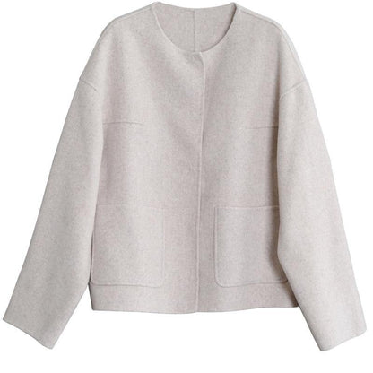 New Winter Coats Beige O Neck Pockets Woolen Coats