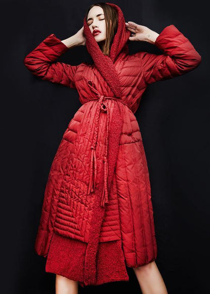 New Parka Tie Waist Jackets Red Hooded Asymmetric Hem Duck Down Coat