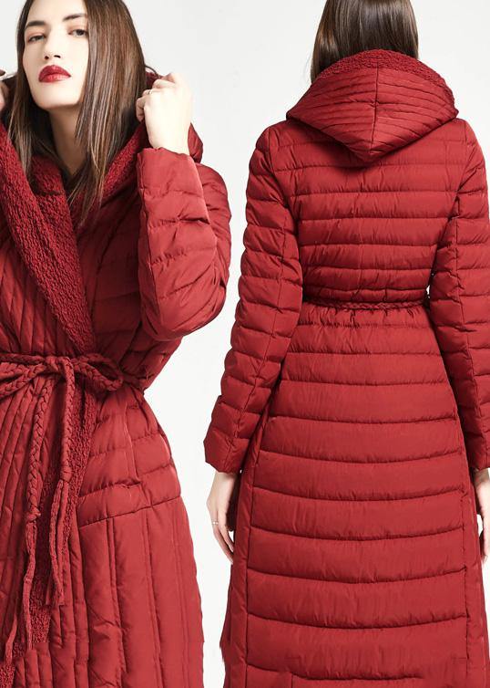 New Parka Tie Waist Jackets Red Hooded Asymmetric Hem Duck Down Coat