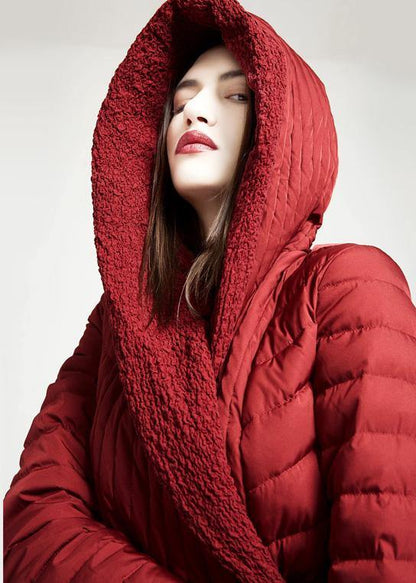 New Parka Tie Waist Jackets Red Hooded Asymmetric Hem Duck Down Coat