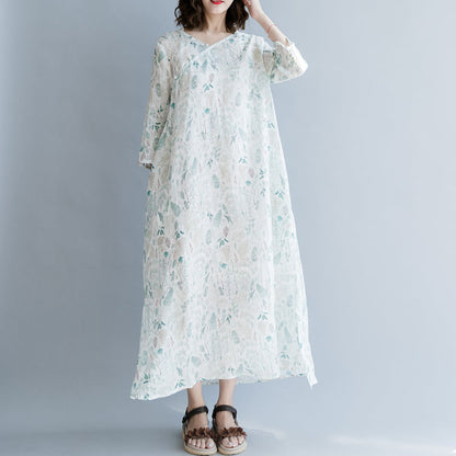 New Print Linen Dresses Oversized Traveling Dress Three Quarter Sleeve V Neck Baggy Dresses