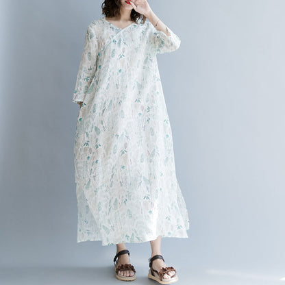 New Print Linen Dresses Oversized Traveling Dress Three Quarter Sleeve V Neck Baggy Dresses