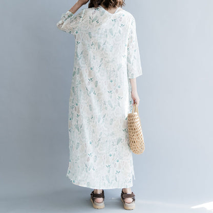 New Print Linen Dresses Oversized Traveling Dress Three Quarter Sleeve V Neck Baggy Dresses