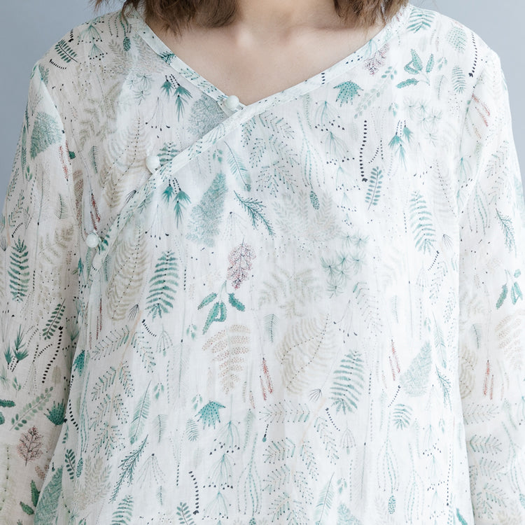New Print Linen Dresses Oversized Traveling Dress Three Quarter Sleeve V Neck Baggy Dresses