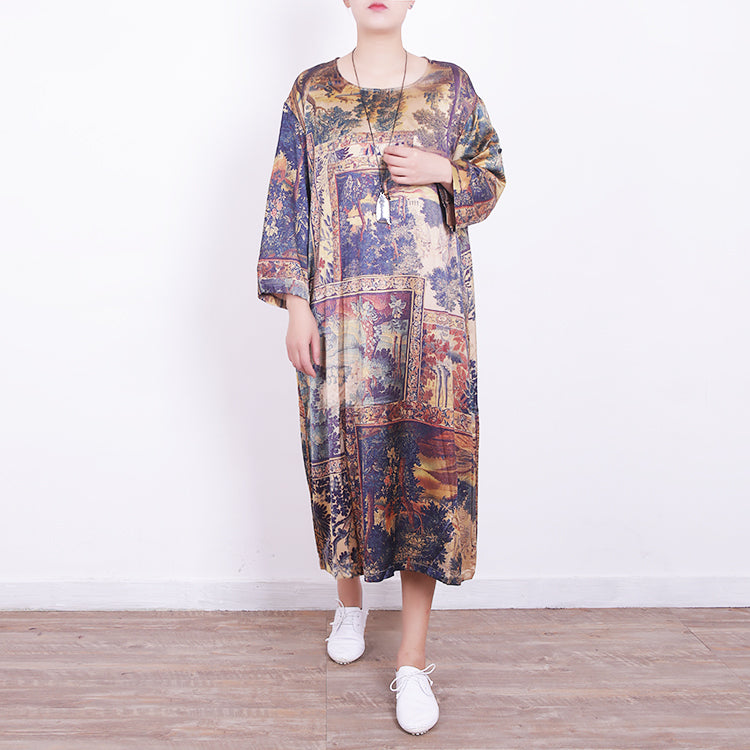 New Prints Midi Blended Dresses Traveling Dress New Bracelet Sleeved O Neck Natural Blended Dress