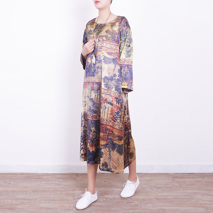 New Prints Midi Blended Dresses Traveling Dress New Bracelet Sleeved O Neck Natural Blended Dress