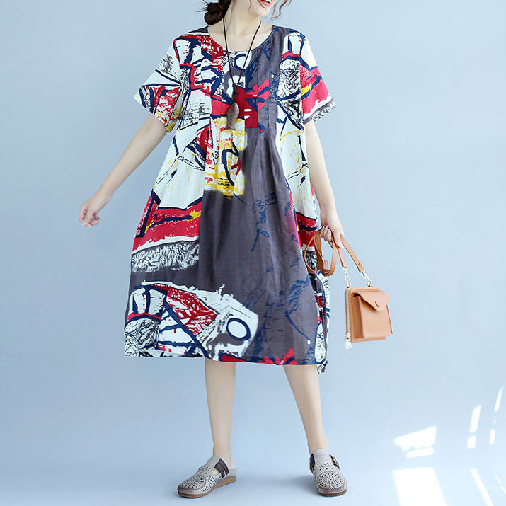 New Prints Midi-length Cotton Dress Cotton Clothing Fine Short Sleeve O Neck Cotton Dress