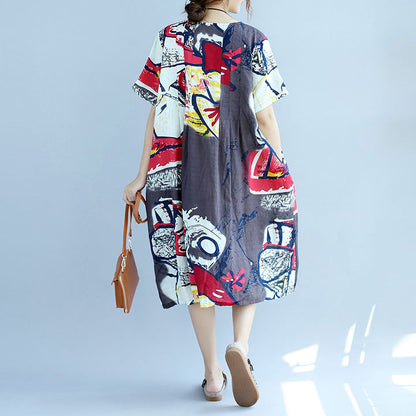 New Prints Midi-length Cotton Dress Cotton Clothing Fine Short Sleeve O Neck Cotton Dress