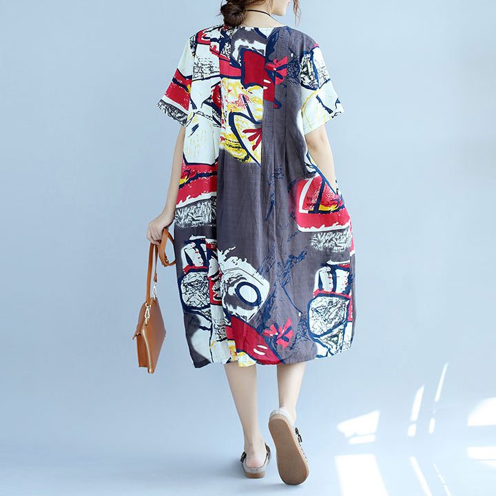 New Prints Midi-length Cotton Dress Cotton Clothing Fine Short Sleeve O Neck Cotton Dress