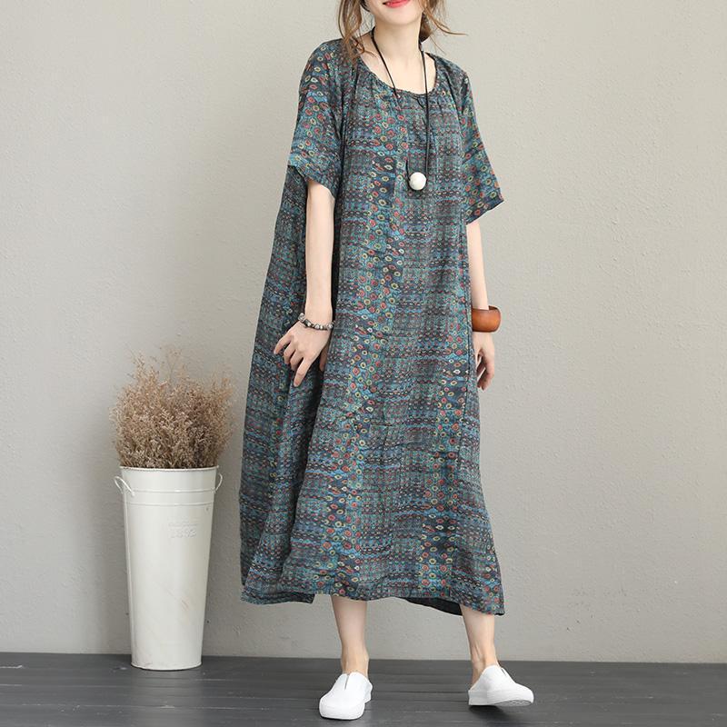 New Prints Silk Linen Caftans O Neck Gown Short Sleeve Kaftans
