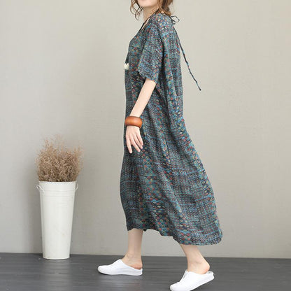New Prints Silk Linen Caftans O Neck Gown Short Sleeve Kaftans