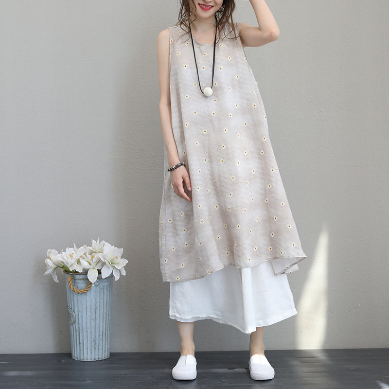 New Prints Linen Maxi Dress Loose Fitting Sleeveless Linen Clothing Dresses New Big Hem Linen Caftans