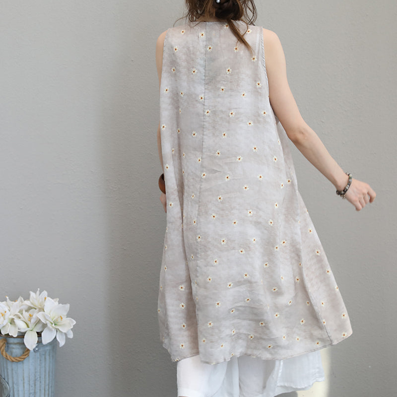 New Prints Linen Maxi Dress Loose Fitting Sleeveless Linen Clothing Dresses New Big Hem Linen Caftans
