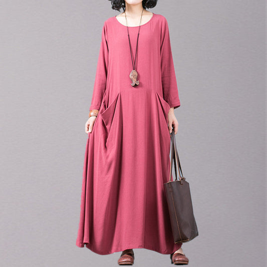 New Red Fall Dress Oversized O Neck Pockets Traveling Clothing Boutique Long Sleeve Kaftans