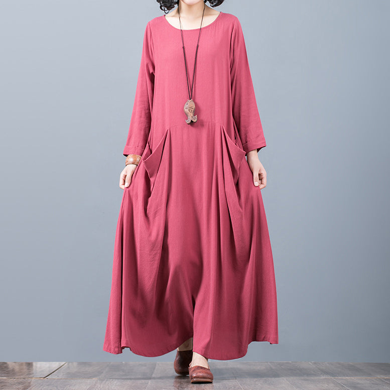 New Red Fall Dress Oversized O Neck Pockets Traveling Clothing Boutique Long Sleeve Kaftans
