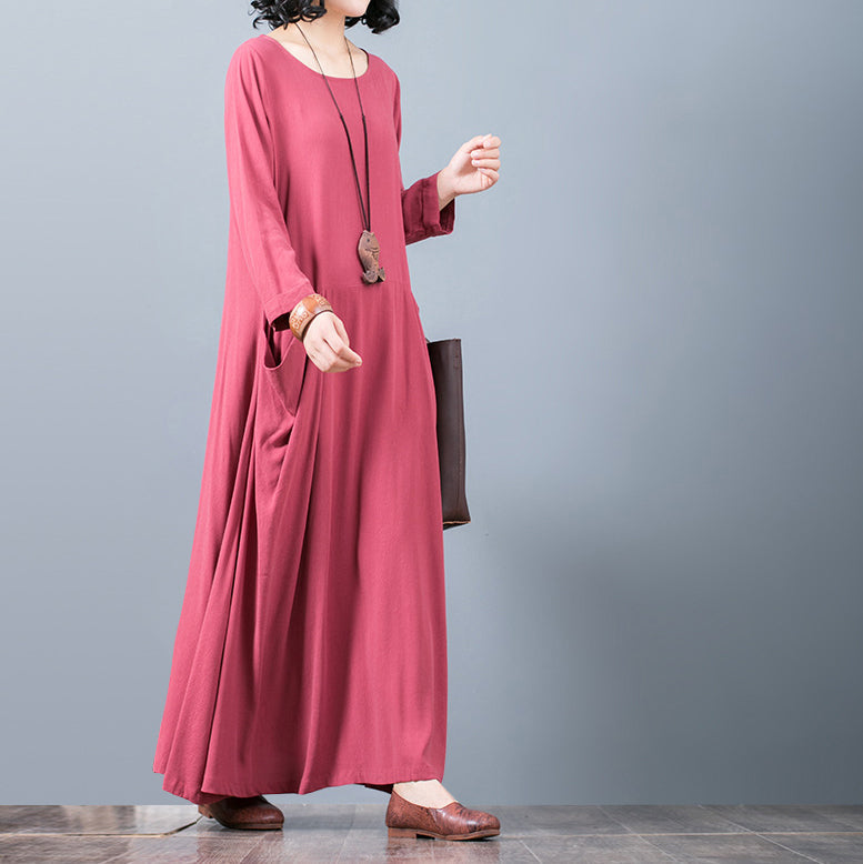 New Red Fall Dress Oversized O Neck Pockets Traveling Clothing Boutique Long Sleeve Kaftans