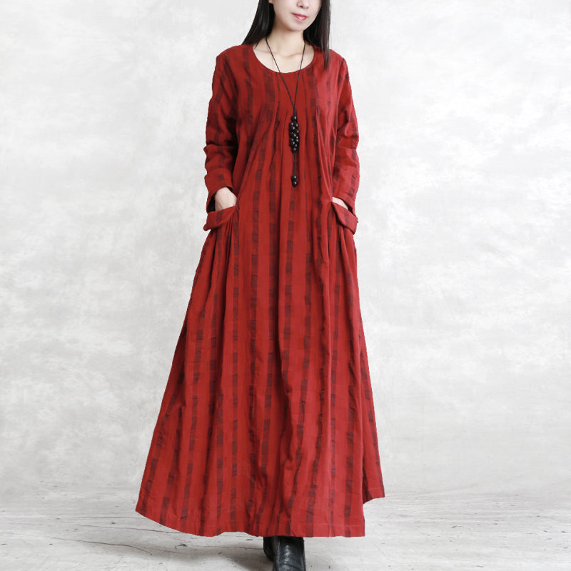 New Red Plaid Long Linen Dress Clothing O Neck Pockets Traveling Dress Fine Long Sleeve Cinched Autumn Dress