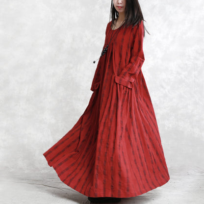New Red Plaid Long Linen Dress Clothing O Neck Pockets Traveling Dress Fine Long Sleeve Cinched Autumn Dress