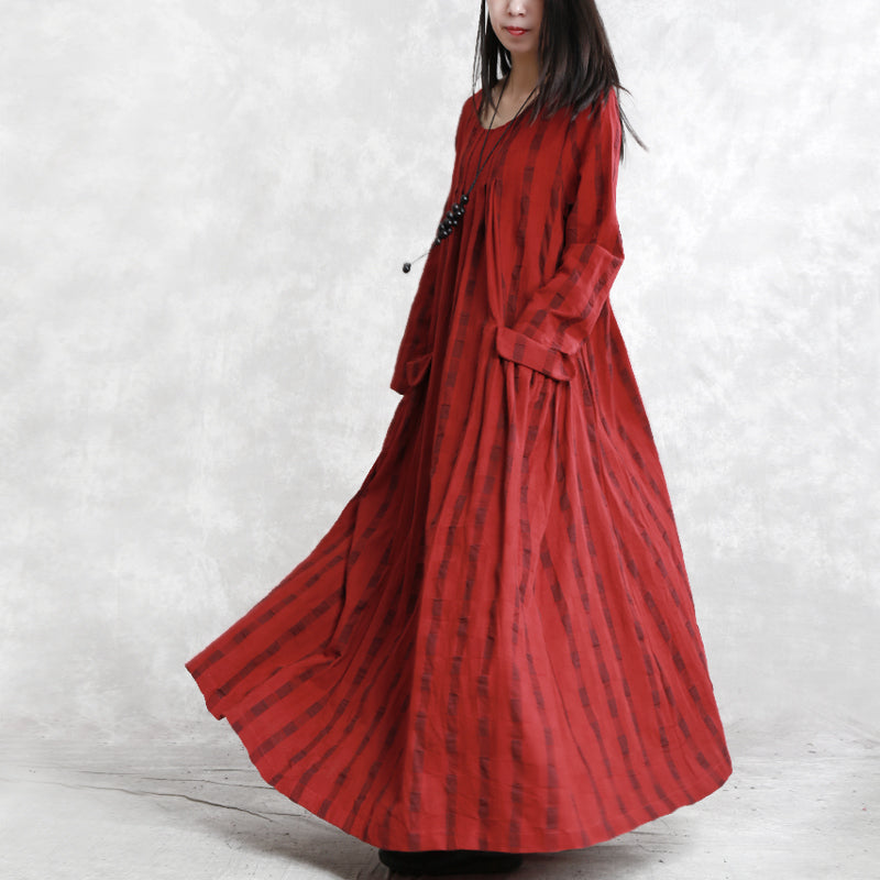 New Red Plaid Long Linen Dress Clothing O Neck Pockets Traveling Dress Fine Long Sleeve Cinched Autumn Dress