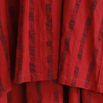 New Red Plaid Long Linen Dress Clothing O Neck Pockets Traveling Dress Fine Long Sleeve Cinched Autumn Dress