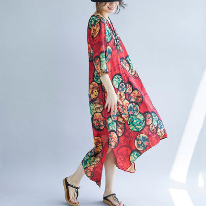 New Red Cotton Blended Dresses Print Half Sleeve Cotton Blended Dress O Neck Dresses