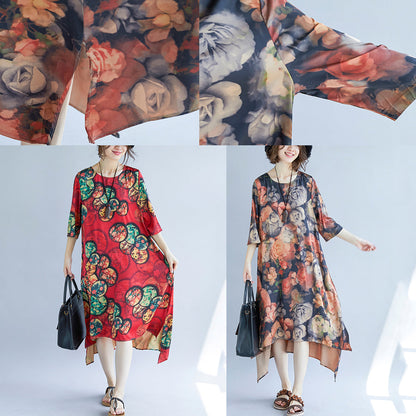 New Red Cotton Blended Dresses Print Half Sleeve Cotton Blended Dress O Neck Dresses