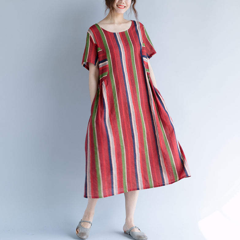 New Red Cotton Linen Maxi Dress O Neck Traveling Clothing Striped Short Sleeve Gown