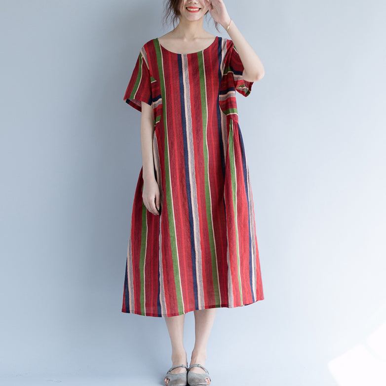 New Red Cotton Linen Maxi Dress O Neck Traveling Clothing Striped Short Sleeve Gown