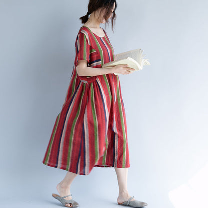 New Red Cotton Linen Maxi Dress O Neck Traveling Clothing Striped Short Sleeve Gown