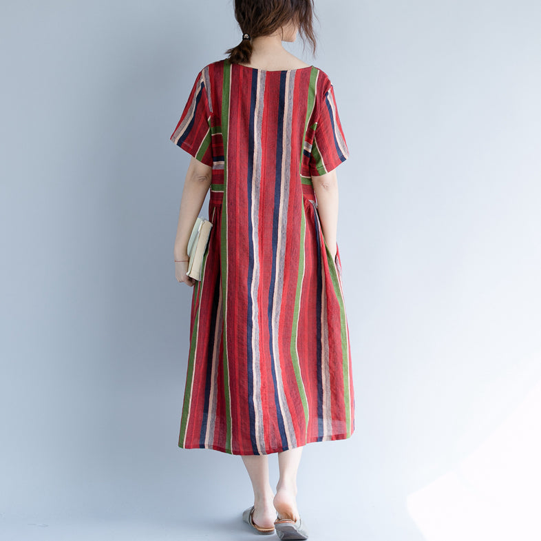 New Red Cotton Linen Maxi Dress O Neck Traveling Clothing Striped Short Sleeve Gown