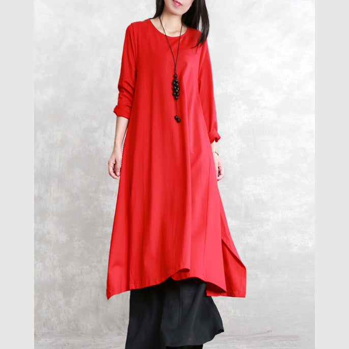 New Red Fall Dress O Neck Asymmetrical Design Traveling Clothing Fine Long Sleeve Side Open Maxi Dresses