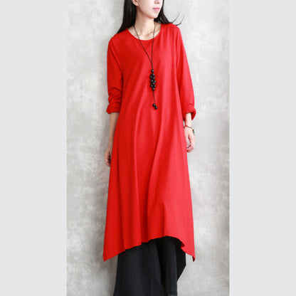 New Red Fall Dress O Neck Asymmetrical Design Traveling Clothing Fine Long Sleeve Side Open Maxi Dresses