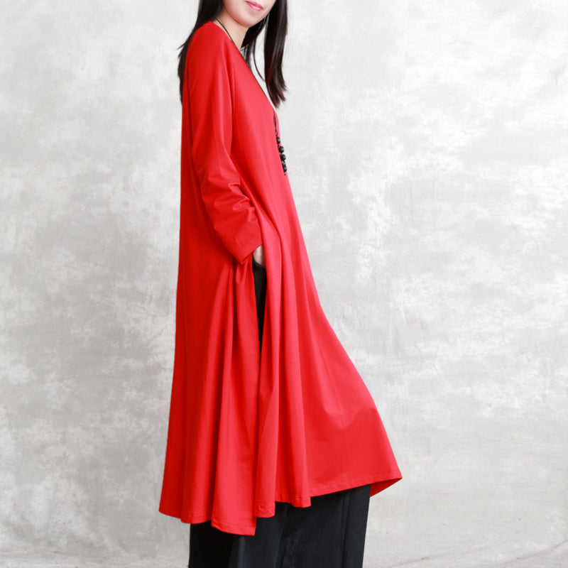 New Red Fall Dress O Neck Asymmetrical Design Traveling Clothing Fine Long Sleeve Side Open Maxi Dresses