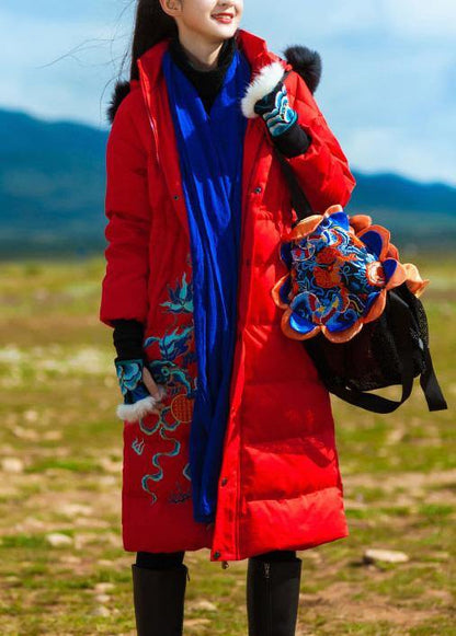 New Red Goose Down Coat Embroidery Down Jacket Hooded Jackets