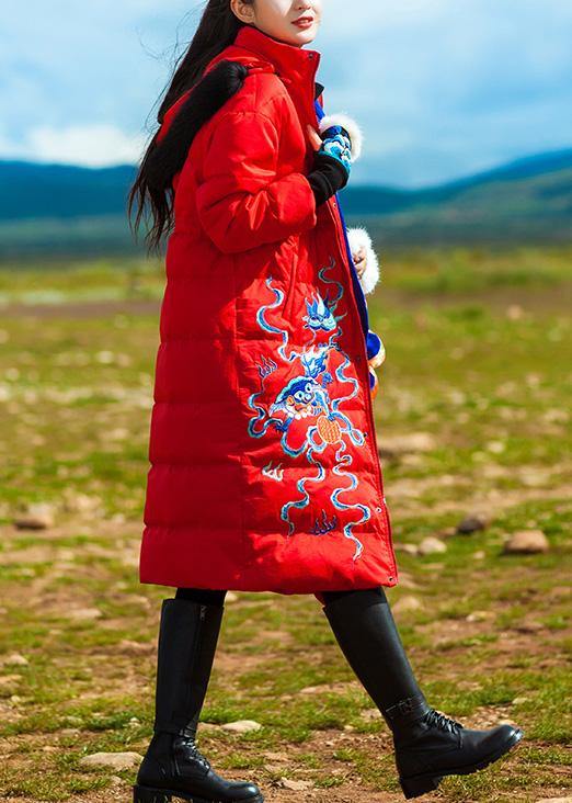 New Red Goose Down Coat Embroidery Down Jacket Hooded Jackets