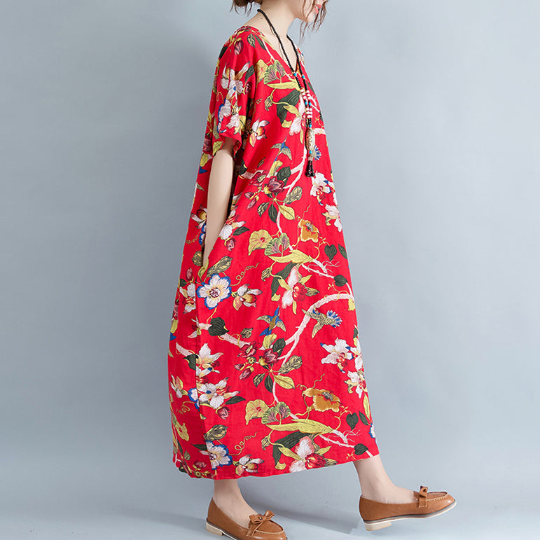New Red Linen Dress Oversized Cotton Maxi Dress Short Sleeve Gown