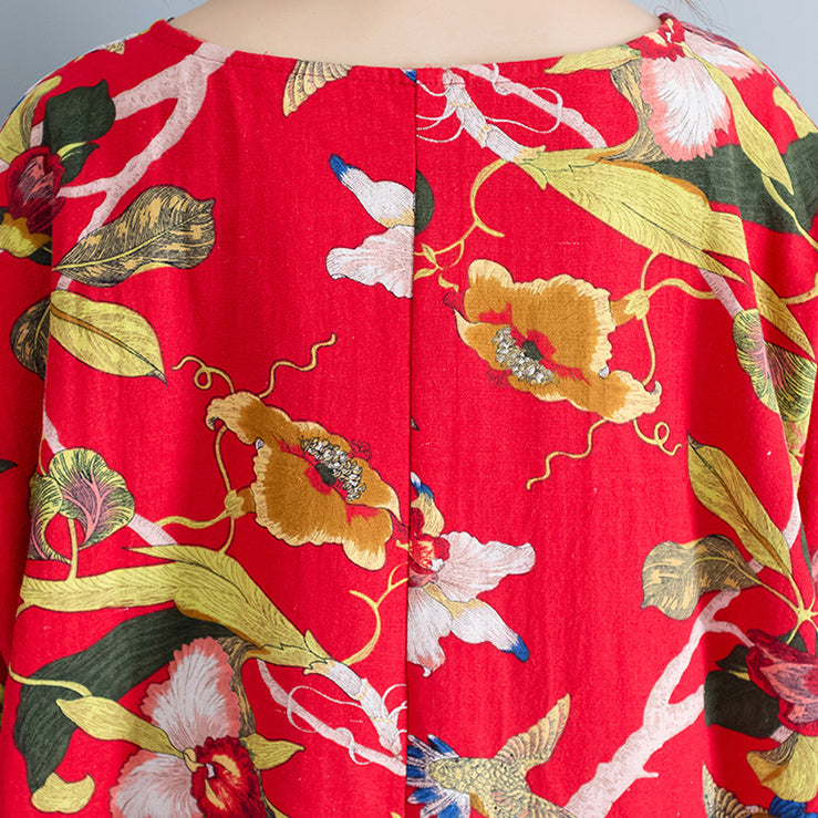 New Red Linen Dress Oversized Cotton Maxi Dress Short Sleeve Gown