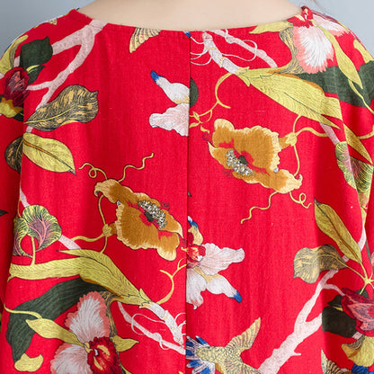 New Red Linen Dress Oversized Cotton Maxi Dress Short Sleeve Gown