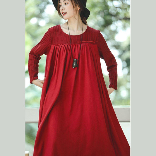 New Red Clothing O Neck Embroidery Caftans Boutique Long Sleeve Large Hem Dresses