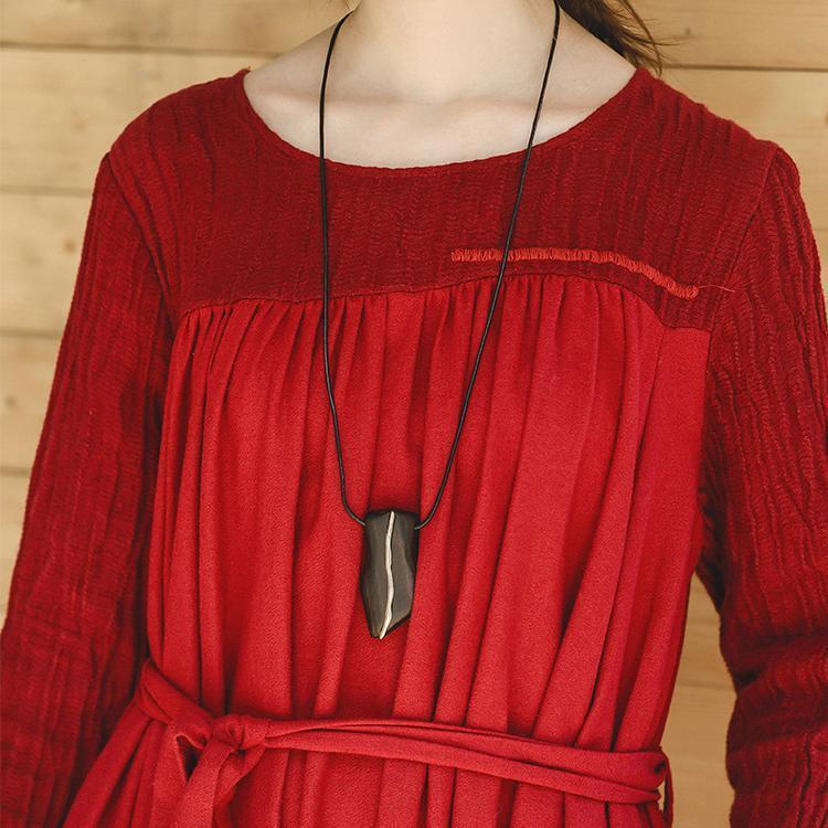 New Red Clothing O Neck Embroidery Caftans Boutique Long Sleeve Large Hem Dresses